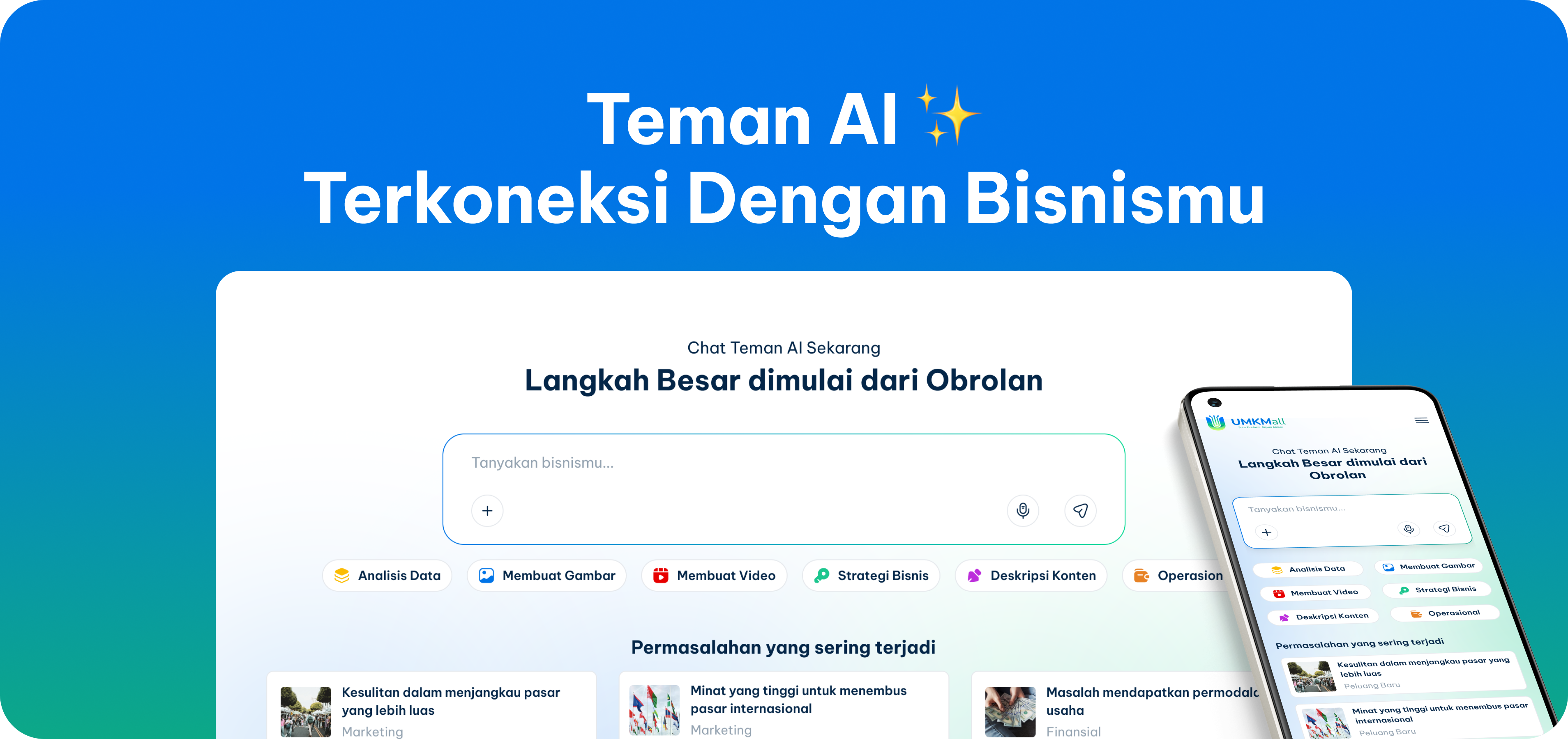 Teman AI Terkoneksi Dengan Bisnismu — antarmuka chat dan tampilan mobile